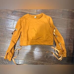 Mustard Long Sleeve Crop Top with Lace-Up Detail